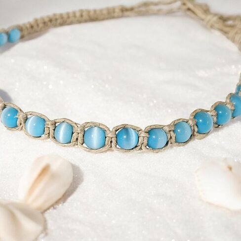 BlueRica Braided Hemp Cord Choker Necklace with Cat's Eye Beads (White) in Kuwait