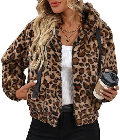 Women's Faux Fur Crop Coat Full Zip Fleece Sherpa Jacket with Hood in Saudi Arabia