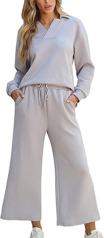 Zontroldy المرأة 2 قطعة مجموعات ملابس الخريف Pollever البلوز واسعة الساق السراويل مطابقة مجموعة رياضية in Kuwait