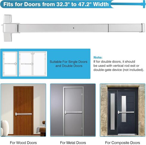 قضبان الذعر من IRONWALLS لأبواب الخروج مقاس 32 بوصة، جهاز خروج الذعر من شريط الدفع التجاري الفضي من الألومنيوم مع مقبض خارجي للباب، أجهزة باب الذعر للخروج في حالات الطوارئ لأبواب مقاس 32 بوصة - 47 بوصة in Kuwait