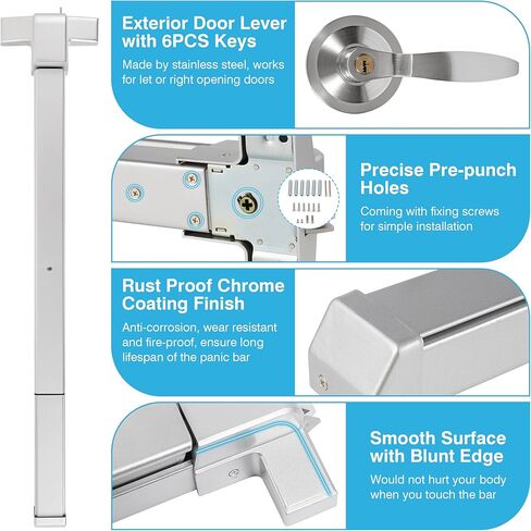 قضبان الذعر من IRONWALLS لأبواب الخروج مقاس 32 بوصة، جهاز خروج الذعر من شريط الدفع التجاري الفضي من الألومنيوم مع مقبض خارجي للباب، أجهزة باب الذعر للخروج في حالات الطوارئ لأبواب مقاس 32 بوصة - 47 بوصة in Kuwait