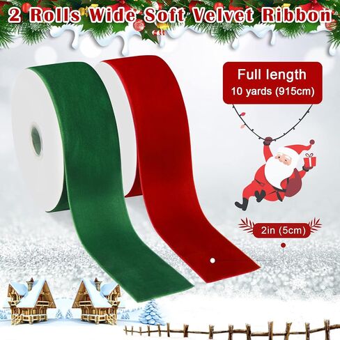 10 Yard Wide Christmas Green Velvet Ribbon, Luxiv 2 in Single Face Ribbon for Wrapping Satin Dark Green Velvet Ribbon Decoration, Christmas, Wedding Wide Velvet Ribbon (Red) in Saudi Arabia