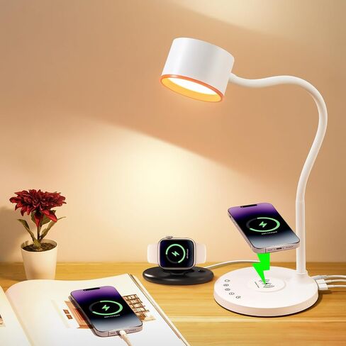 مصباح مكتب، مصباح مكتب LED للمكتب المنزلي مع منافذ شحن USB C + A، شاحن لاسلكي، 5 ألوان مؤقت/ذاكرة مصباح قراءة قابل للتعتيم بدون خطوات، مصباح طاولة يعمل باللمس للعناية بالعين، ضوء مكتب أسود للنوم in Saudi Arabia