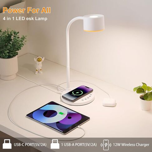 مصباح مكتب، مصباح مكتب LED للمكتب المنزلي مع منافذ شحن USB C + A، شاحن لاسلكي، 5 ألوان مؤقت/ذاكرة مصباح قراءة قابل للتعتيم بدون خطوات، مصباح طاولة يعمل باللمس للعناية بالعين، ضوء مكتب أسود للنوم in Saudi Arabia