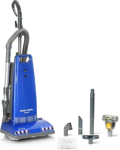 مكنسة كهربائية عمودية Prolux 9000 - ترشيح HEPA قوي، وغرفة غبار مملوءة بأكياس للحماية من الحساسية، ولفافة فرشاة من الفولاذ المقاوم للصدأ، وأدوات مدمجة، ودواسة التحكم في لفة الفرشاة in Kuwait