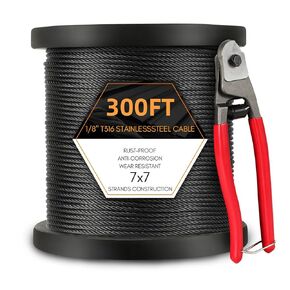 300FT 1/8" Stainless Steel Cable with a Cutter, T316 Wire Rope Cable for Deck Cable Railing System, Marine Grade Rustproof Wire Rope, 7x7 Strands Aircraft Cable, 1800 lbs Breaking Strength