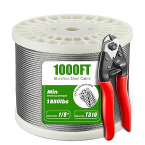 WAYSKA 1/8" T316 Stainless Steel Cable 1000FT, Wire Rope Aircraft Cable with a Cutter for Fence, Deck Cable Railing and DIY Balustrades, 7 x 7 Strands Construction