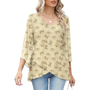 LOMON Women's 3/4 Sleeve V Neck Blouse Business Casual Mesh Tunic Tops Loose Fit Double Layered Shirts