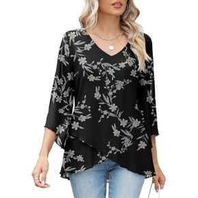 بلوزة LOMON النسائية 3/4 كم ورقبة على شكل V، بلوزة تونيك شبكية غير رسمية للأعمال، قمصان فضفاضة ذات طبقات مزدوجة in Kuwait