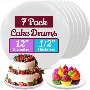 Reli. Cake Boards Drum 12 Inch (7 Pack) | White Thick Cake Boards 12 Inch Round | 1/2" Thick Cake Board Drum | Greaseproof Round Cake Drum | Smooth Cake Boards | Cake Drum for All Desserts