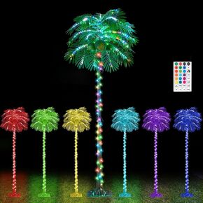 7FT 224LED Colorful Lighted Palm Tree with Coconuts Outdoor Artificial Fake Palm Tree with Remote LED Tropical Palm Tree for Outside Patio Pool Hawaiian Luau Jungle Party