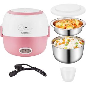Mini Rice Cooker Heater Portable - 110V 200W Removable Stainless Steel Lunch Cooker - with Bowl, Plate, Measuring Cup (Pink)