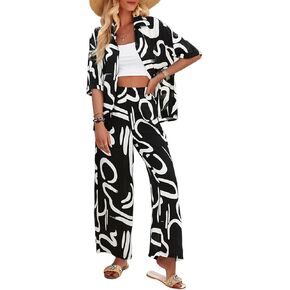 Peaceglad Womens Summer Print 2 Piece Pajama Sets Short Sleeve Button Down Outfit Long Pants Sleepwear Set