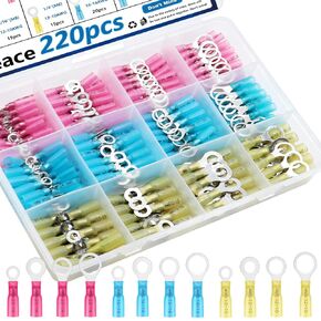 smseace 220PCS Heat Shrink Ring Terminals #10,1/4",5/16",3/8" Heat Shrink Ring Connectors 22-16AWG Marine Ring Terminals for Automobile/Boat/Industrial Electrical Connections