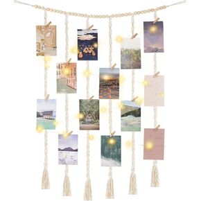 Mkono Macrame Hanging Photo Display Wall Decor with String Lights, Boho Wooden Beads Garland Collage Picture Card Frame Holder with 45 Clips for Bedroom Living Room Dorm, Teen Girl Teenage Gifts
