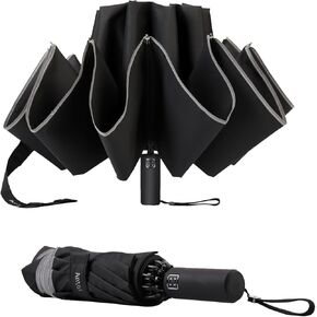 Antor Umbrella Windproof Travel Umbrella Folding Reverse Umbrella Compact Umbrella with Reflective Stripe, Automatic, Strong Steel Shaft, Mini, Portable Umbrella with Cover Bag, Purse Umbrellas for
