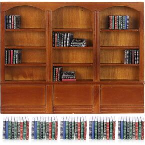 1:12 Scale Dollhouse Miniature Wooden Bookshelf with 48 Pcs Miniatures Books, Mini Bookcase Mini Library Furniture Gift(Brown)