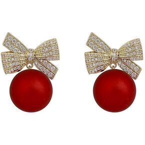 Bow Earrings for Women Red Ball Bow Earrings Pearl Bow Drop Earrings Anniversary Chrsitmas Valentine's Jewelry Holiday Gift for Women