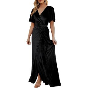 Women's Wrap Velvet Maxi Dress V Neck Bell Sleeve Split Elegant Cocktail Party Dress