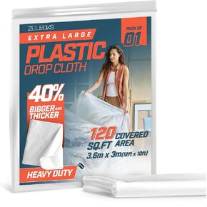 12 x 10 FT 10 Pack Extra Large Painter’s Plastic Drop Cloth Painting Sheet-Light and Durable Dust Cover-Clear Plastic Sheet-Plastic Sheeting-Plastic Cover-Paint Drop Cloth- Plastic Floor Protector