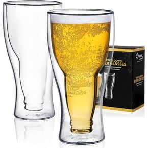 Dragon Glassware Beer Glasses - 13.5 oz Clear Double Wall Insulated Beer Glass Set of 2 - Upside Down Design - Holds One Full Beer Bottle - Freezer Beer Glasses for Beer Lovers