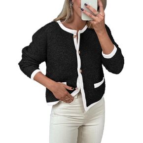 Okiwam Women's Cardigan Sweaters 2024 Trendy Button Down Cardigan Crewneck Contrast Colors Fall Outerwear Clothes in Kuwait