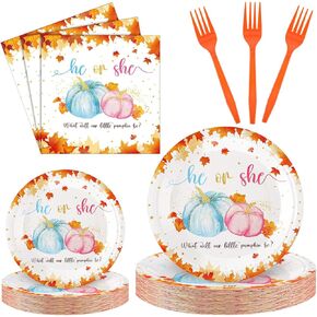 Sunnyray 96 Pcs Gender Reveal Plates Napkins Gender Reveal Baby Shower Supplies He or She Baby Shower Party Tableware Set Dessert Plates Napkins Forks for 24 Guests(Greenery)