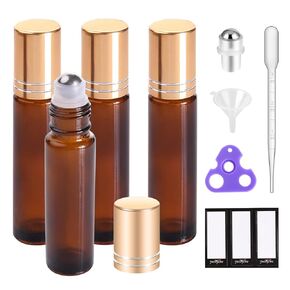 PrettyCare Roller Bottles For Oils 10 ml (Blue Glass, 6 Pack, 1 Extra Stainless Steel Balls, 12 Labels, 1 Opener, 1 Funnels Essential Oil Roller Bottles, Roller on Bottles