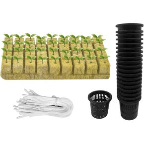 Iceyyyy 76Pcs Hydroponics Mesh Net Cup Kit - 20 Packs 2 Inches Slotted Mesh Net Pot Cups, 36Packs 1.5x1.5x1.5Inch Stonewool Starter Plugs, 20 Article Self Watering Cotton Wick Cord for Hydroponics
