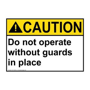ComplianceSigns.com Caution Do Not Operate Without Guards in Place ANSI Safety Label Decal, 5x3.5 in. 4-Pack Vinyl