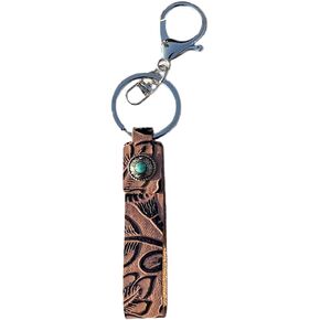 Vintage Embossed Cowhide Keychain Western Turquoise Pumpkin Flower Pendant Textured Car Keyring Jewelry for Unisex