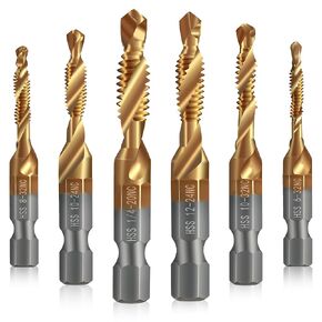 Junreox 6 Pack Combination Drill and Tap Set, Professional HSS Titanium Thread Tap Drill Bit Set in SAE 6-32nc 8-32nc 10-32nc 10-24nc 12-24nc 1/4-20nc, Quick Change Screw Tapping with 1/4" Hex Shank
