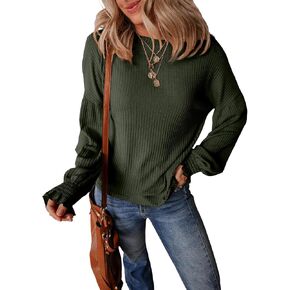 EVALESS Womens Fall Tops Cute Lantern Sleeve Shirts Basic Crewneck Blouses for Women Dressy Casual Outfits Trendy 2024