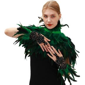 Gothic Punk Natural Feather Capes and Bling Bling Gloves Set Vintage Glam for Woman Halloween Carnival Celebrations Costume