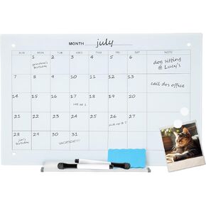 Sunnydaze Glass Calendar Dry Erase Board for Wall with Markers - Glass Magnetic Whiteboard for Home or Office - 23" W x 17" H Black