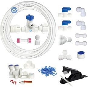 FW Installation Kit, Speed Fit Connect for Refrigerators, Reverse Osmosis, Carbon, Ice Maker. Universal Source Adapter, Back-flow, and Leak Prevention Valves - 25 Feet NSF 1/4" Water Line