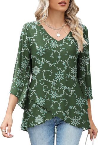 LOMON Women's 3/4 Sleeve V Neck Blouse Business Casual Mesh Tunic Tops Loose Fit Double Layered Shirts in Saudi Arabia