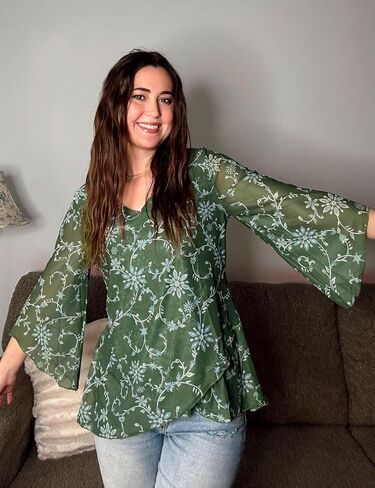 LOMON Women's 3/4 Sleeve V Neck Blouse Business Casual Mesh Tunic Tops Loose Fit Double Layered Shirts in Saudi Arabia