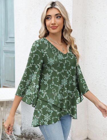 LOMON Women's 3/4 Sleeve V Neck Blouse Business Casual Mesh Tunic Tops Loose Fit Double Layered Shirts in Saudi Arabia