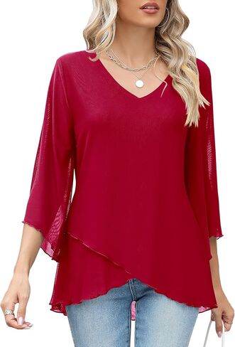 LOMON Women's 3/4 Sleeve V Neck Blouse Business Casual Mesh Tunic Tops Loose Fit Double Layered Shirts in Saudi Arabia