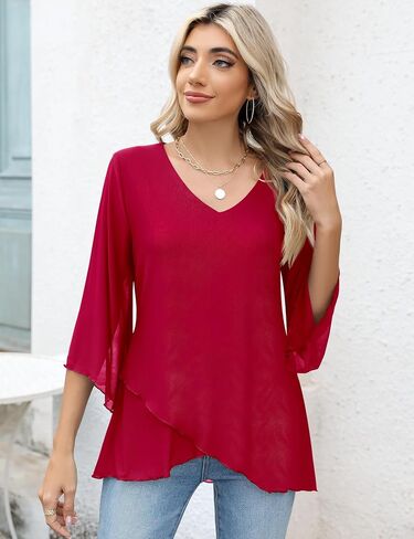 LOMON Women's 3/4 Sleeve V Neck Blouse Business Casual Mesh Tunic Tops Loose Fit Double Layered Shirts in Saudi Arabia