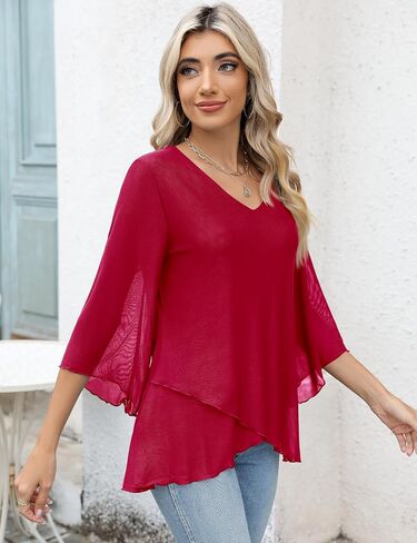 LOMON Women's 3/4 Sleeve V Neck Blouse Business Casual Mesh Tunic Tops Loose Fit Double Layered Shirts in Saudi Arabia