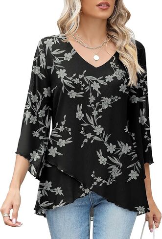 بلوزة LOMON النسائية 3/4 كم ورقبة على شكل V، بلوزة تونيك شبكية غير رسمية للأعمال، قمصان فضفاضة ذات طبقات مزدوجة in Kuwait