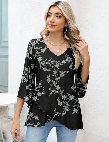 بلوزة LOMON النسائية 3/4 كم ورقبة على شكل V، بلوزة تونيك شبكية غير رسمية للأعمال، قمصان فضفاضة ذات طبقات مزدوجة in Kuwait