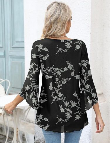 بلوزة LOMON النسائية 3/4 كم ورقبة على شكل V، بلوزة تونيك شبكية غير رسمية للأعمال، قمصان فضفاضة ذات طبقات مزدوجة in Kuwait