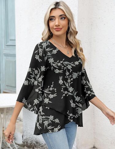 بلوزة LOMON النسائية 3/4 كم ورقبة على شكل V، بلوزة تونيك شبكية غير رسمية للأعمال، قمصان فضفاضة ذات طبقات مزدوجة in Kuwait