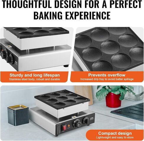 VEVOR 110V Mini Dutch Pancake Baker, 50PCS 1700W Commercial Electric Nonstick Waffle Maker Machine, 1.8 Inches Pancake Maker with 2 Thermostats & 2 Timers Separate Control, for Home and Restaurants in Saudi Arabia
