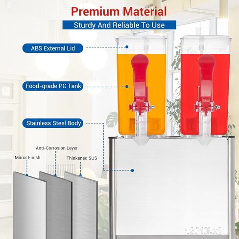 Commercial Beverage Dispenser,2 Tanks 5.28 Gallon 20L Commercial Juice Dispenser, 10 Liter Per Tank, 280W Stainless Steel Food Grade Ice Tea Drink Dispenser with Thermostat Controller in Saudi Arabia