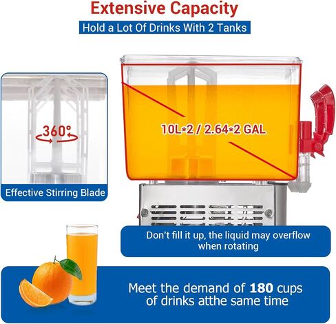 Commercial Beverage Dispenser,2 Tanks 5.28 Gallon 20L Commercial Juice Dispenser, 10 Liter Per Tank, 280W Stainless Steel Food Grade Ice Tea Drink Dispenser with Thermostat Controller in Saudi Arabia