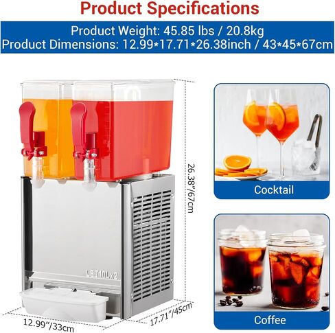 Commercial Beverage Dispenser,2 Tanks 5.28 Gallon 20L Commercial Juice Dispenser, 10 Liter Per Tank, 280W Stainless Steel Food Grade Ice Tea Drink Dispenser with Thermostat Controller in Saudi Arabia